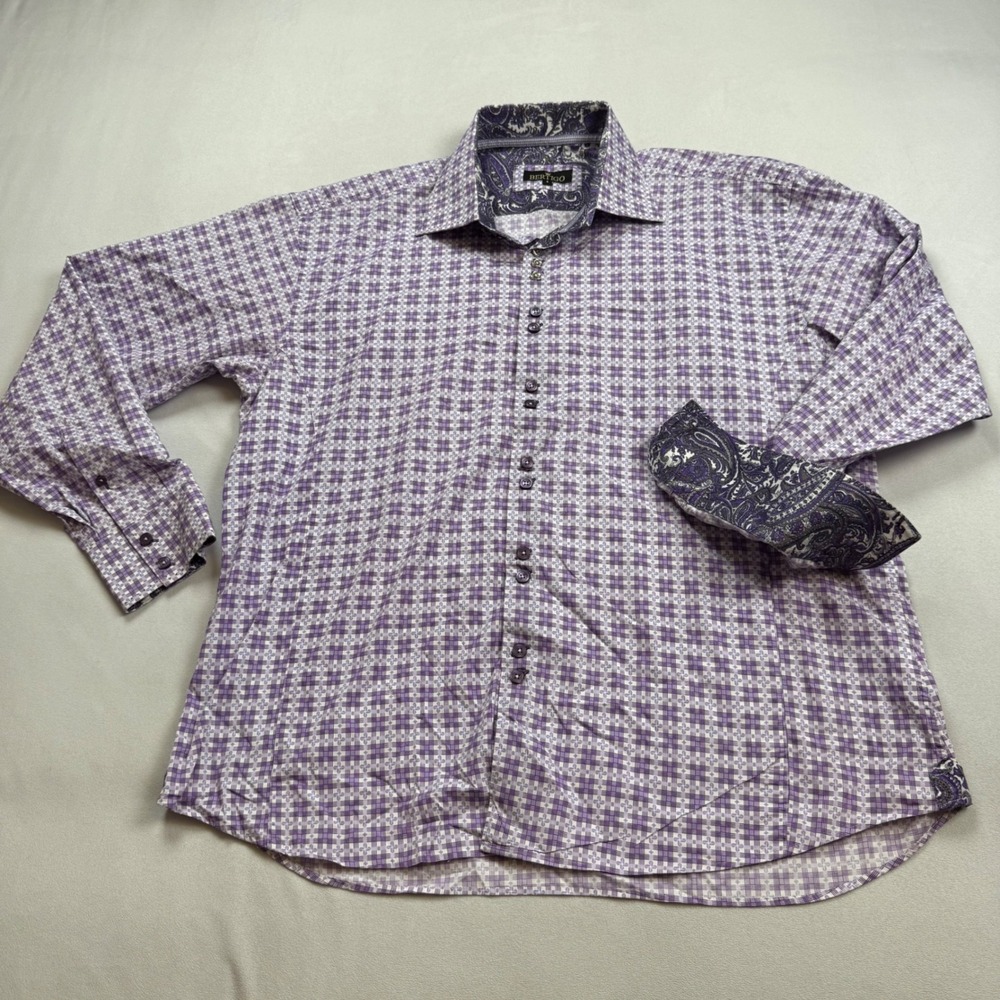 Bertigo Mens Purple Geometric Button Down Shirt Paisley Trim Size 8 Large XL